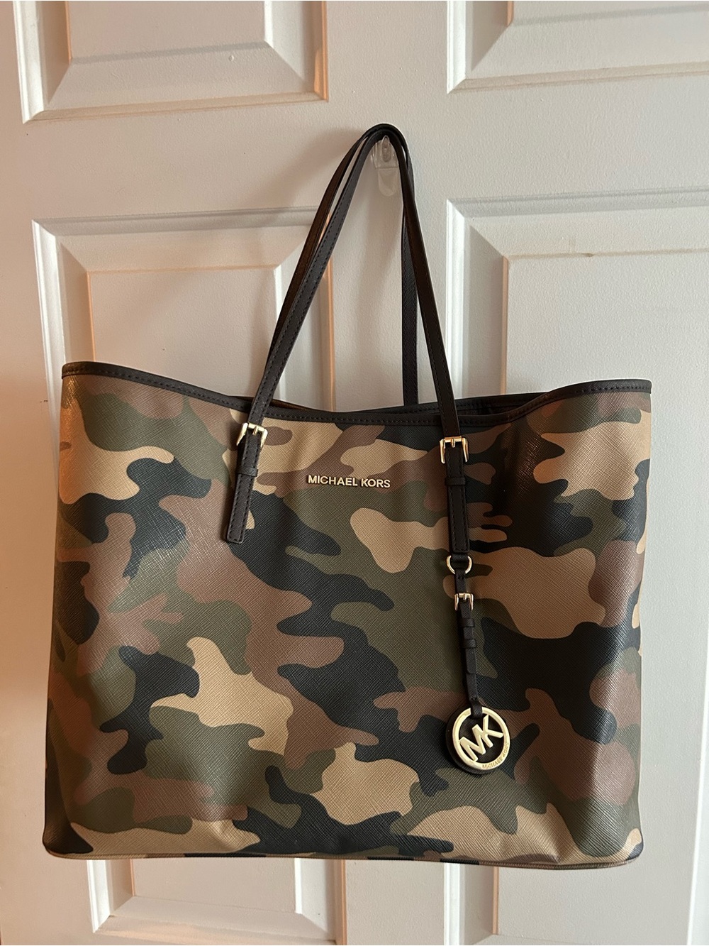 Michael Kors Camo Tote in Green and Brown with Logo Charm